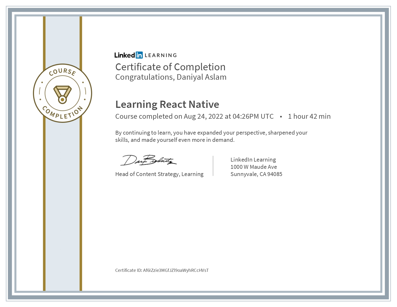 Certificate Of Completion Learning React Native